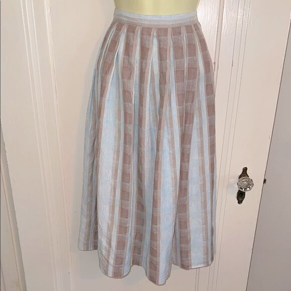 Vintage 80s Gregge Sport Light Blue & Tan Plaid Pleated Full Midi Skirt - Picture 1 of 9